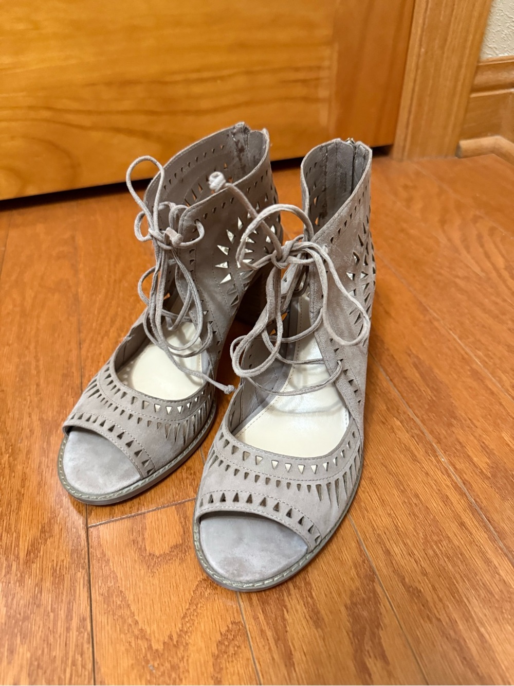 Vince Camuto Lace-Up Cutout Suede Peep-Toe Heels in Taupe